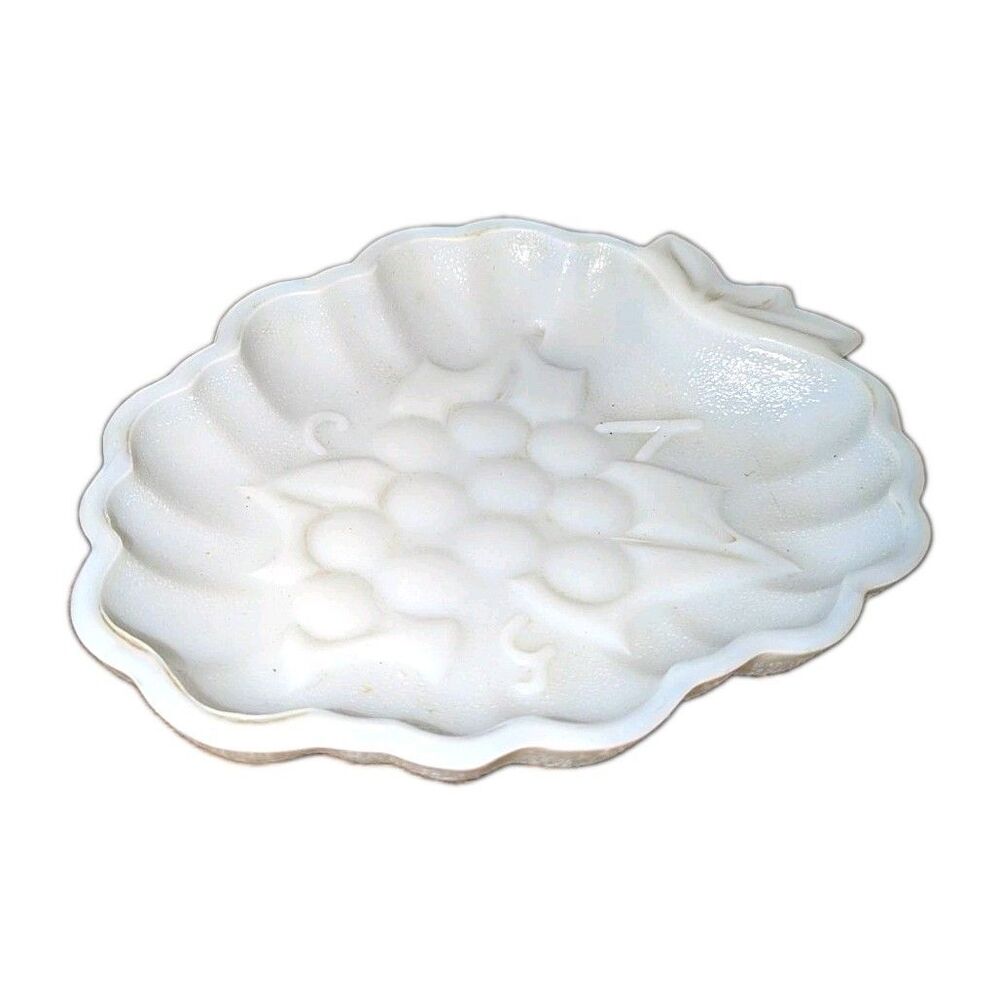 VINTAGE White Milk Glass Candy Dish Grape Pattern Leaf Shape Glossy Decorative